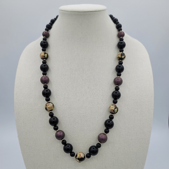 Vintage Necklace Handpainted Japan Black Purple Floral Necklace #581 - Picture 2 of 12